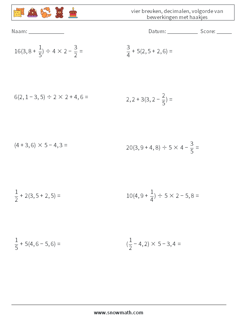 (10) vier breuken, decimalen, volgorde van bewerkingen met haakjes Wiskundige werkbladen 14