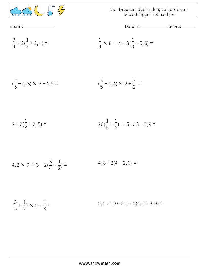 (10) vier breuken, decimalen, volgorde van bewerkingen met haakjes Wiskundige werkbladen 16