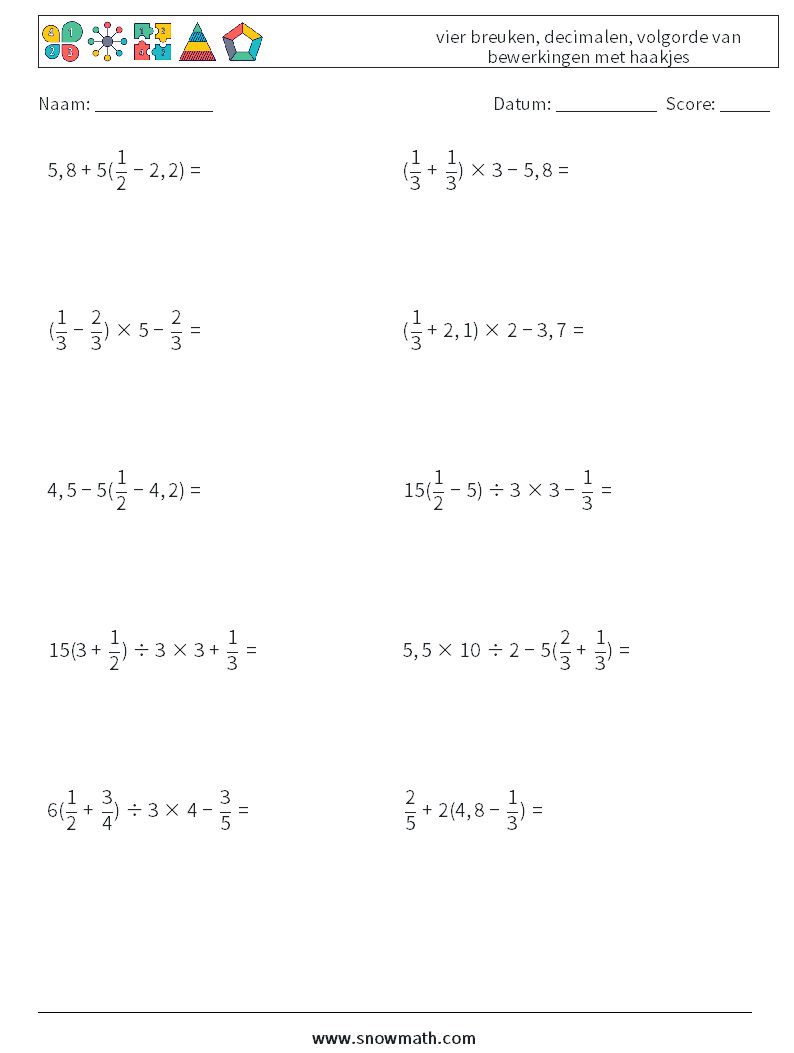 (10) vier breuken, decimalen, volgorde van bewerkingen met haakjes Wiskundige werkbladen 17