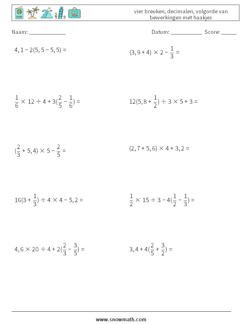(10) vier breuken, decimalen, volgorde van bewerkingen met haakjes Wiskundige werkbladen 18