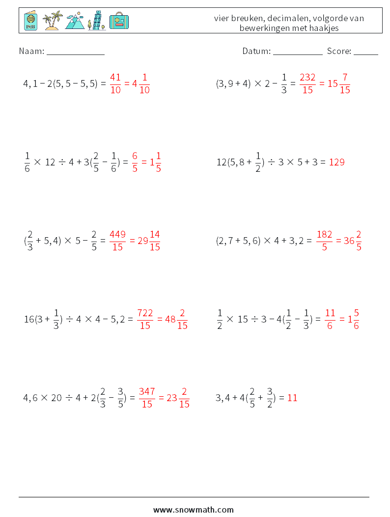 (10) vier breuken, decimalen, volgorde van bewerkingen met haakjes Wiskundige werkbladen 18 Vraag, Antwoord