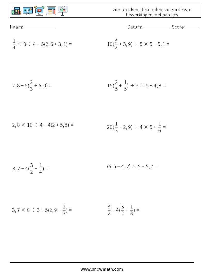 (10) vier breuken, decimalen, volgorde van bewerkingen met haakjes Wiskundige werkbladen 2