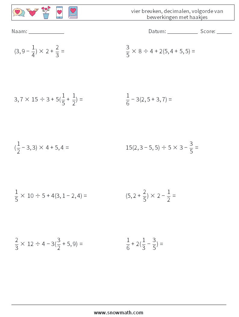 (10) vier breuken, decimalen, volgorde van bewerkingen met haakjes Wiskundige werkbladen 3