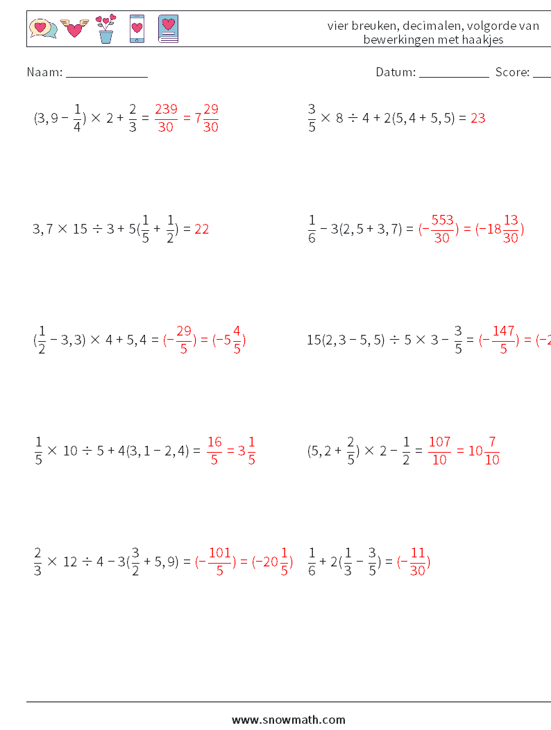 (10) vier breuken, decimalen, volgorde van bewerkingen met haakjes Wiskundige werkbladen 3 Vraag, Antwoord