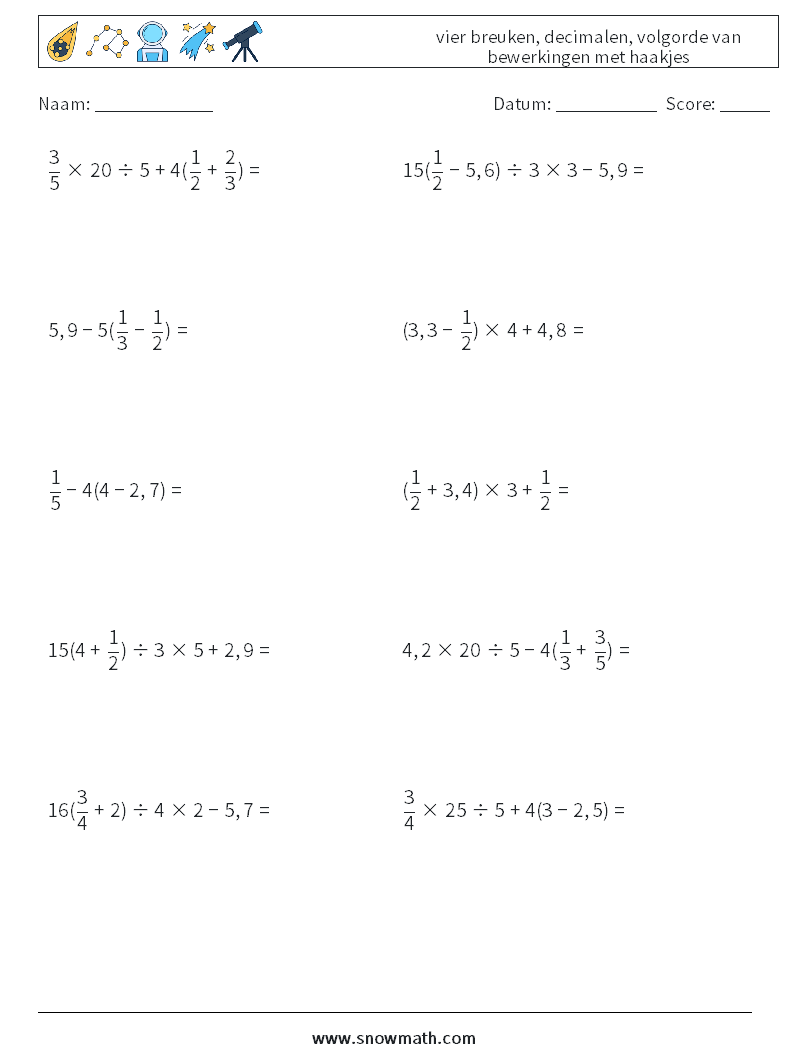 (10) vier breuken, decimalen, volgorde van bewerkingen met haakjes Wiskundige werkbladen 4