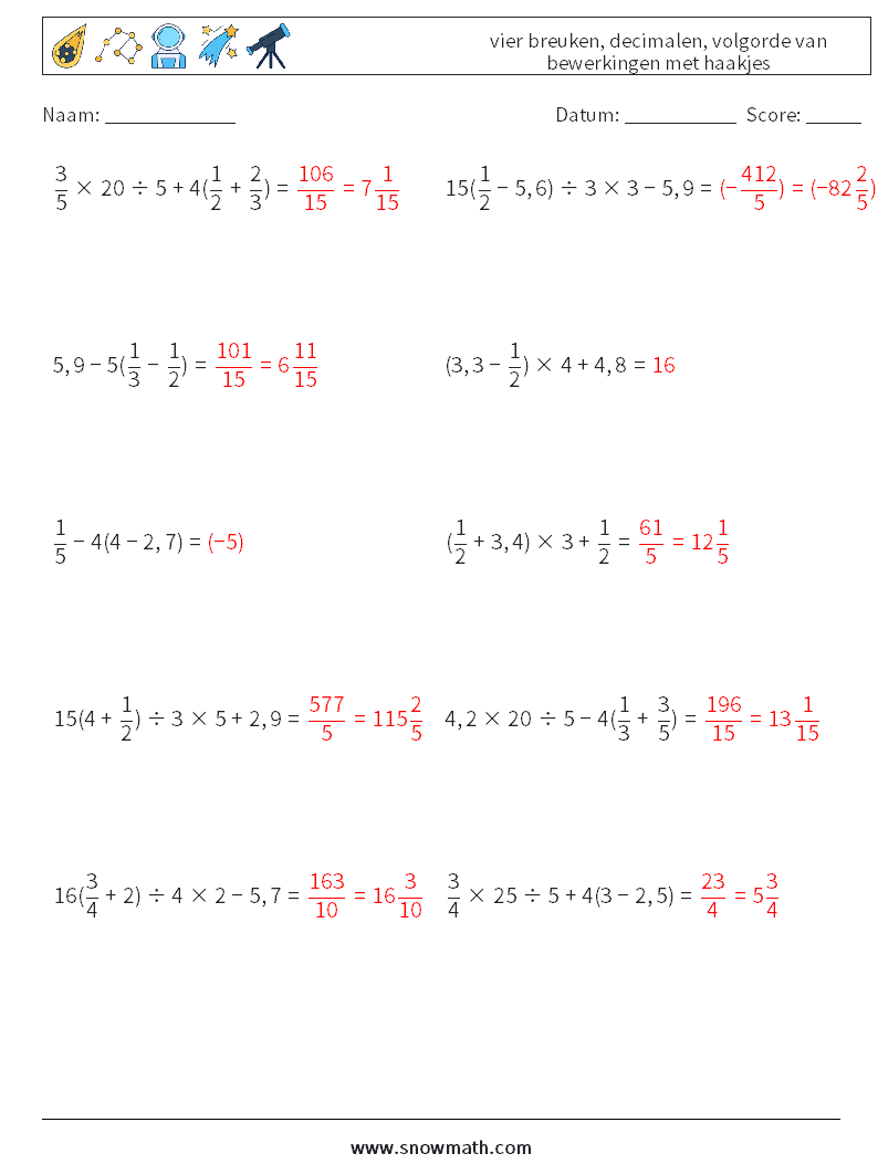 (10) vier breuken, decimalen, volgorde van bewerkingen met haakjes Wiskundige werkbladen 4 Vraag, Antwoord