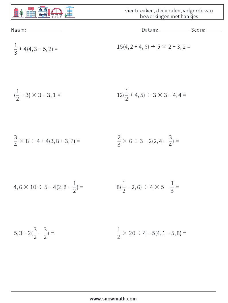 (10) vier breuken, decimalen, volgorde van bewerkingen met haakjes Wiskundige werkbladen 5