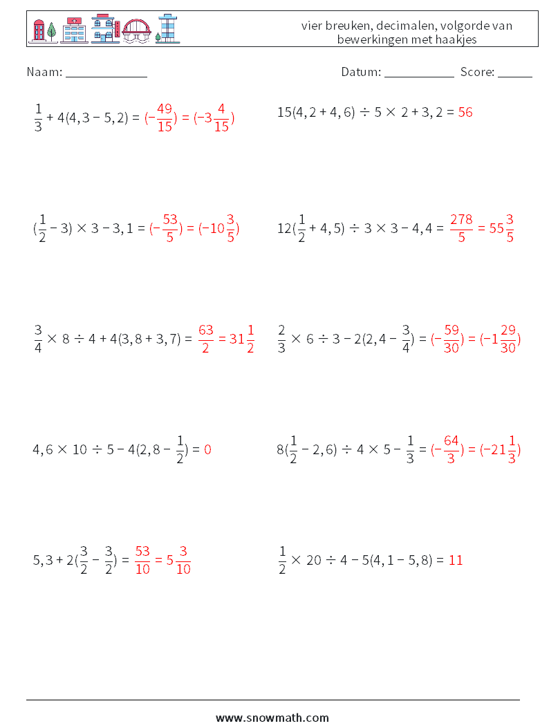 (10) vier breuken, decimalen, volgorde van bewerkingen met haakjes Wiskundige werkbladen 5 Vraag, Antwoord