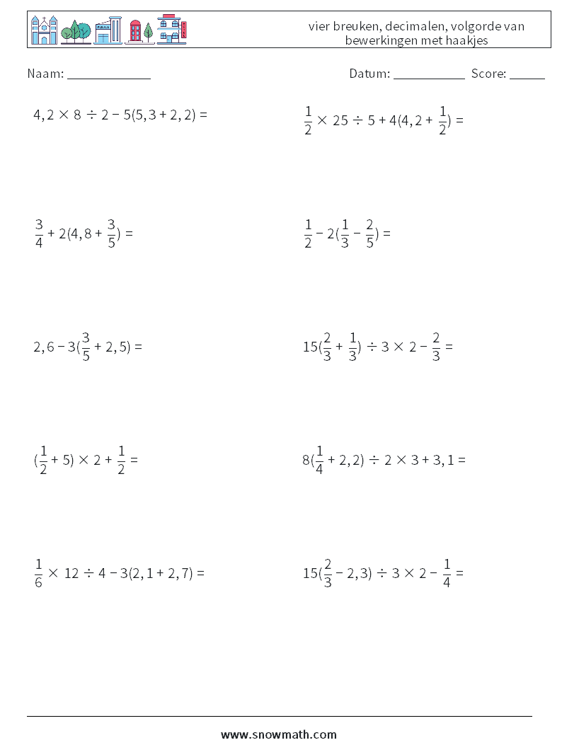 (10) vier breuken, decimalen, volgorde van bewerkingen met haakjes Wiskundige werkbladen 6
