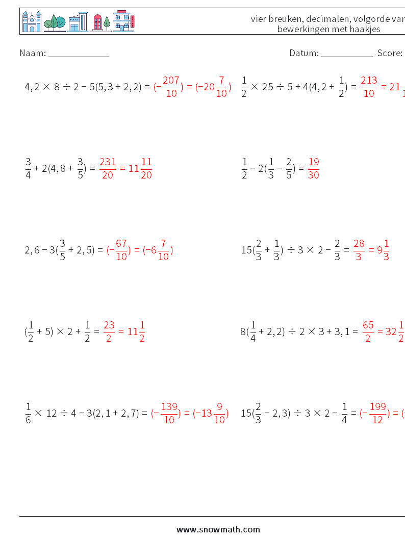 (10) vier breuken, decimalen, volgorde van bewerkingen met haakjes Wiskundige werkbladen 6 Vraag, Antwoord