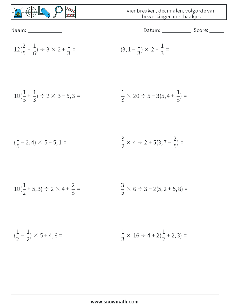 (10) vier breuken, decimalen, volgorde van bewerkingen met haakjes Wiskundige werkbladen 7