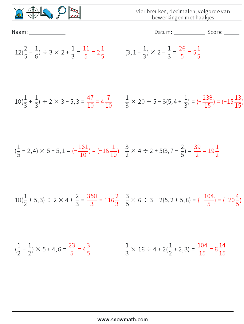 (10) vier breuken, decimalen, volgorde van bewerkingen met haakjes Wiskundige werkbladen 7 Vraag, Antwoord
