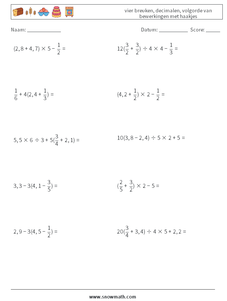 (10) vier breuken, decimalen, volgorde van bewerkingen met haakjes Wiskundige werkbladen 8