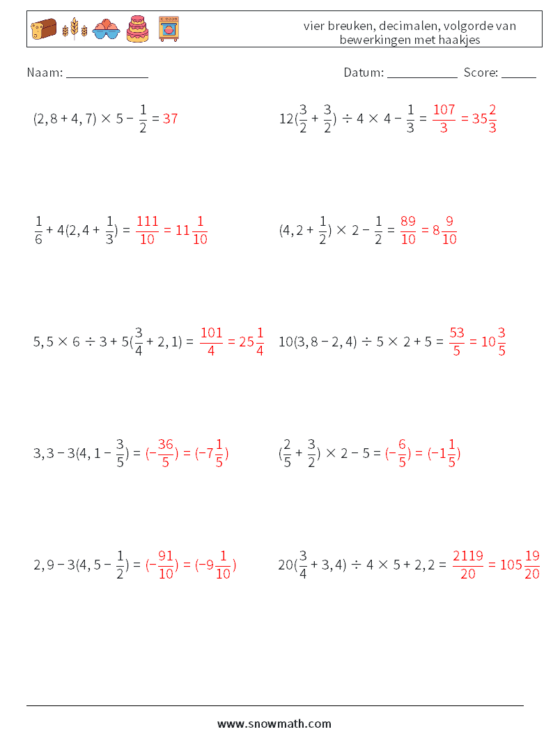 (10) vier breuken, decimalen, volgorde van bewerkingen met haakjes Wiskundige werkbladen 8 Vraag, Antwoord