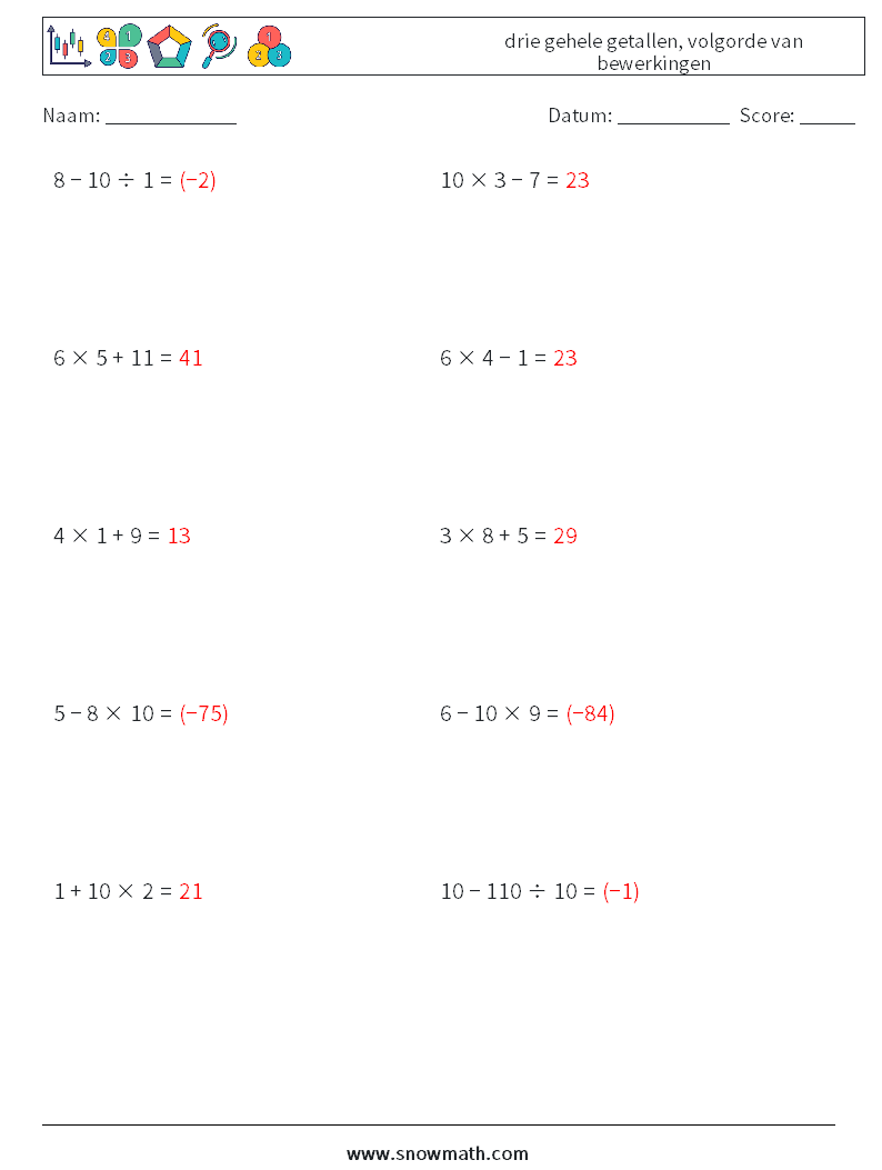 (10) drie gehele getallen, volgorde van bewerkingen Wiskundige werkbladen 1 Vraag, Antwoord