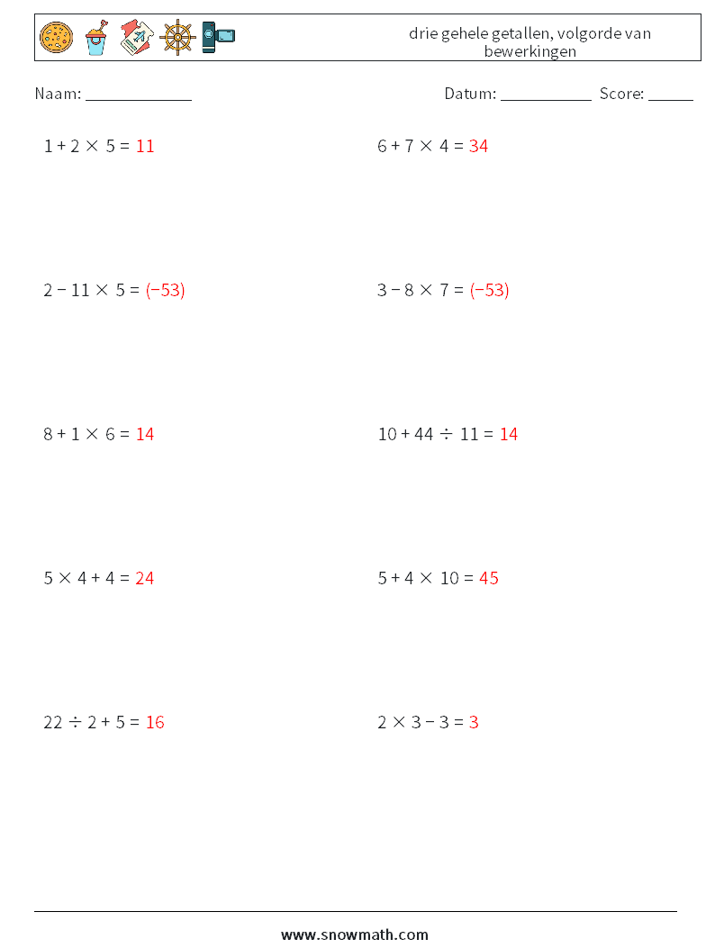 (10) drie gehele getallen, volgorde van bewerkingen Wiskundige werkbladen 3 Vraag, Antwoord