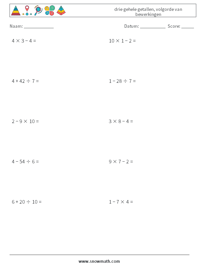 (10) drie gehele getallen, volgorde van bewerkingen Wiskundige werkbladen 5