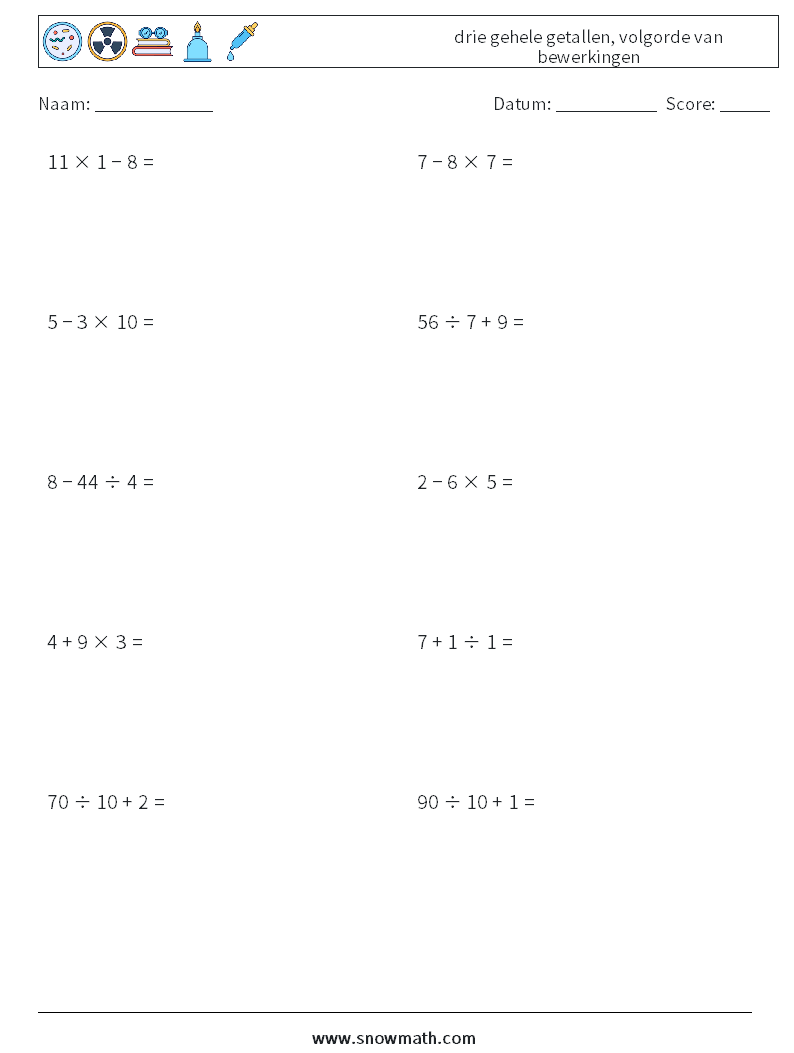 (10) drie gehele getallen, volgorde van bewerkingen Wiskundige werkbladen 6
