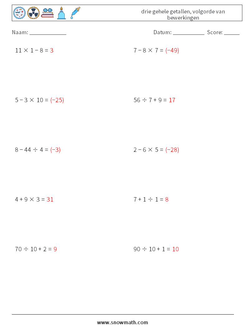(10) drie gehele getallen, volgorde van bewerkingen Wiskundige werkbladen 6 Vraag, Antwoord