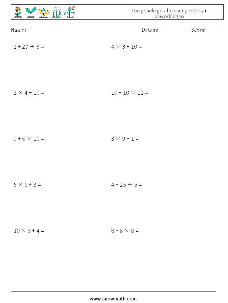 (10) drie gehele getallen, volgorde van bewerkingen Wiskundige werkbladen 8