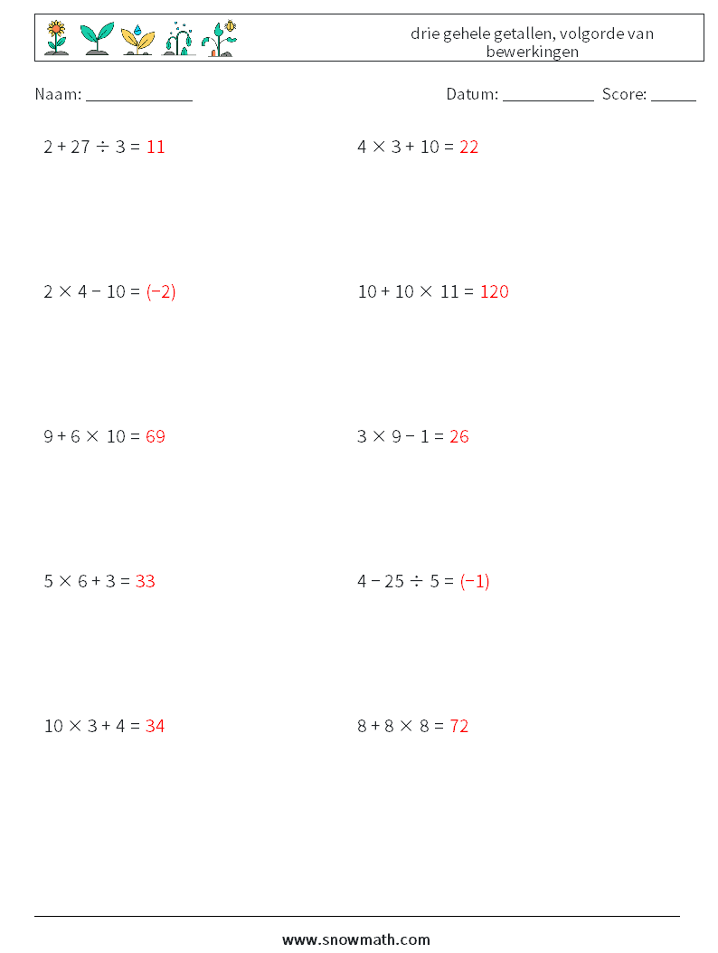 (10) drie gehele getallen, volgorde van bewerkingen Wiskundige werkbladen 8 Vraag, Antwoord