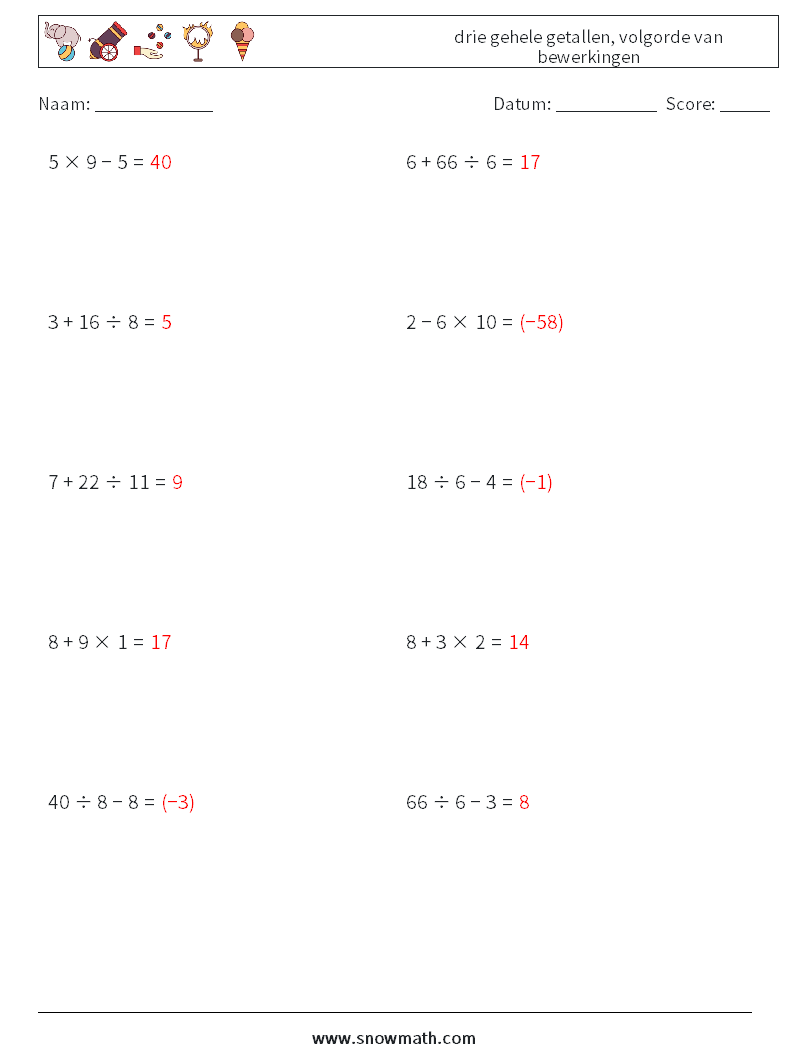 (10) drie gehele getallen, volgorde van bewerkingen Wiskundige werkbladen 9 Vraag, Antwoord
