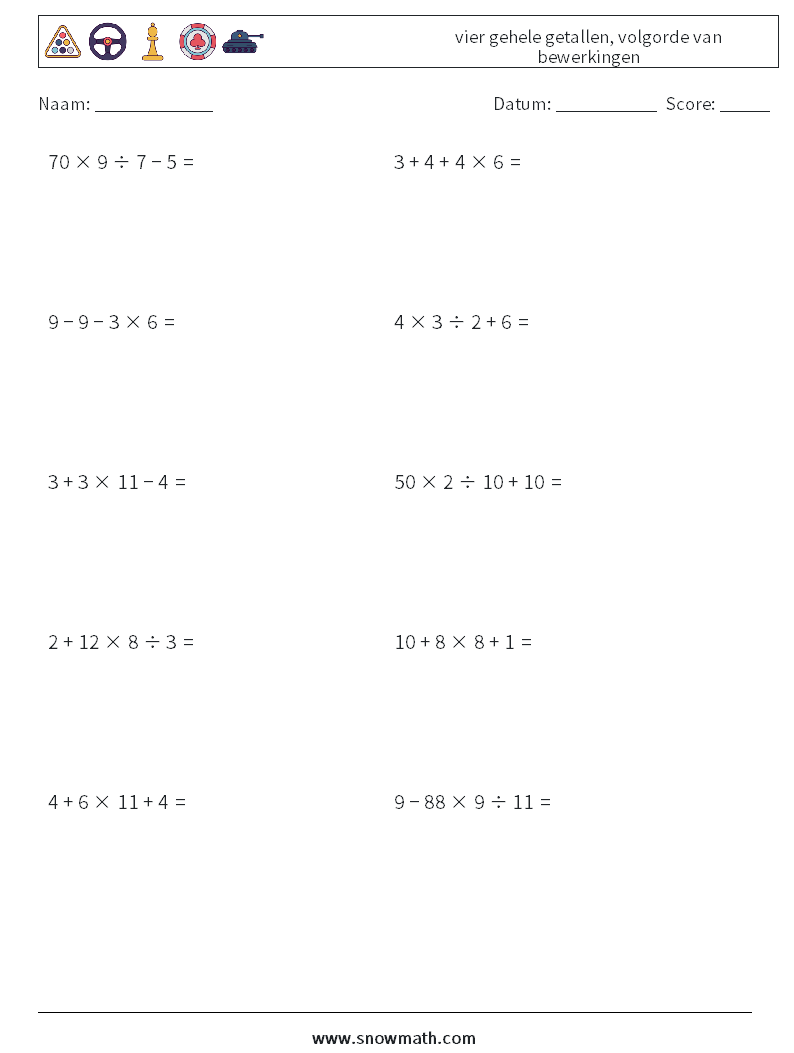 (10) vier gehele getallen, volgorde van bewerkingen Wiskundige werkbladen 11