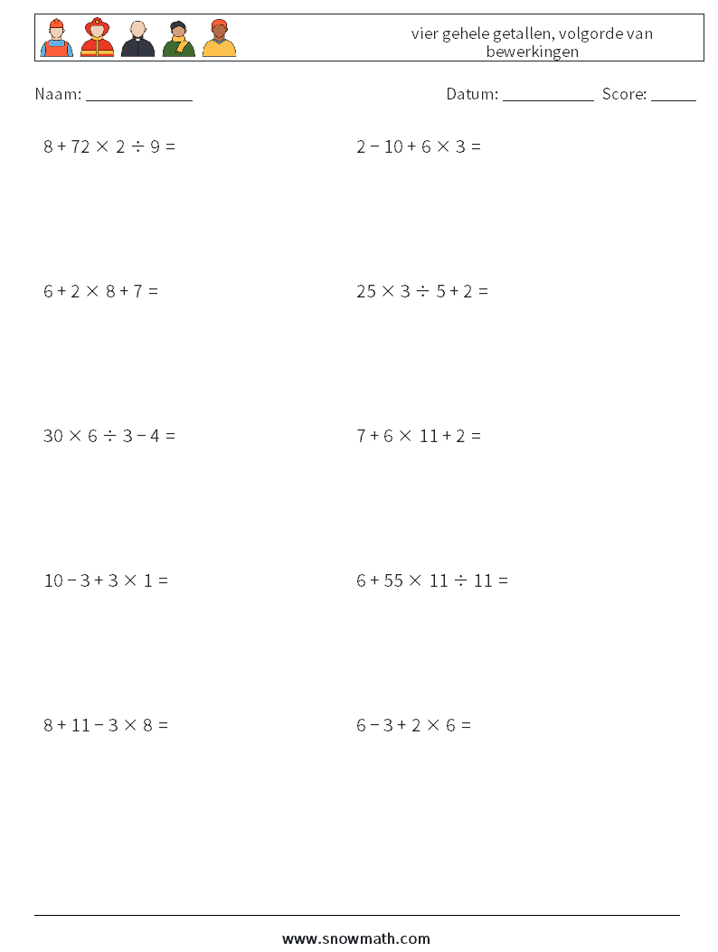 (10) vier gehele getallen, volgorde van bewerkingen Wiskundige werkbladen 13