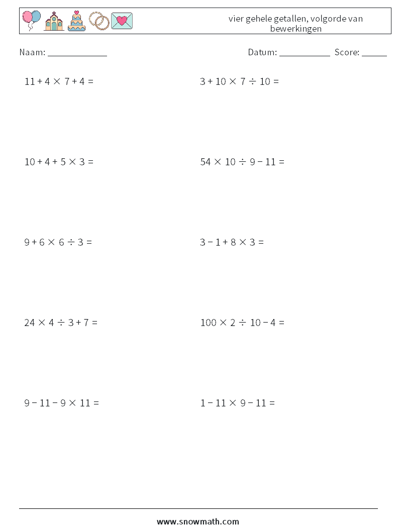 (10) vier gehele getallen, volgorde van bewerkingen Wiskundige werkbladen 15