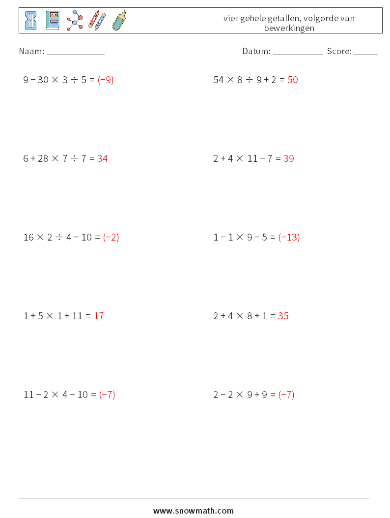 (10) vier gehele getallen, volgorde van bewerkingen Wiskundige werkbladen 1 Vraag, Antwoord