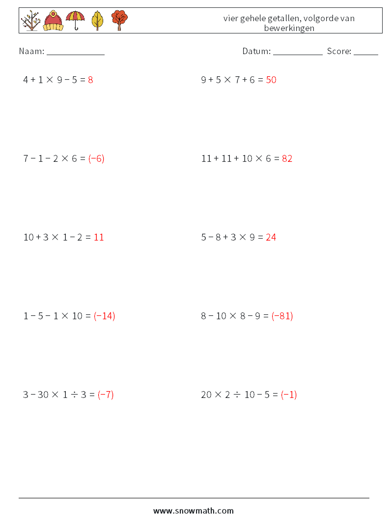(10) vier gehele getallen, volgorde van bewerkingen Wiskundige werkbladen 2 Vraag, Antwoord