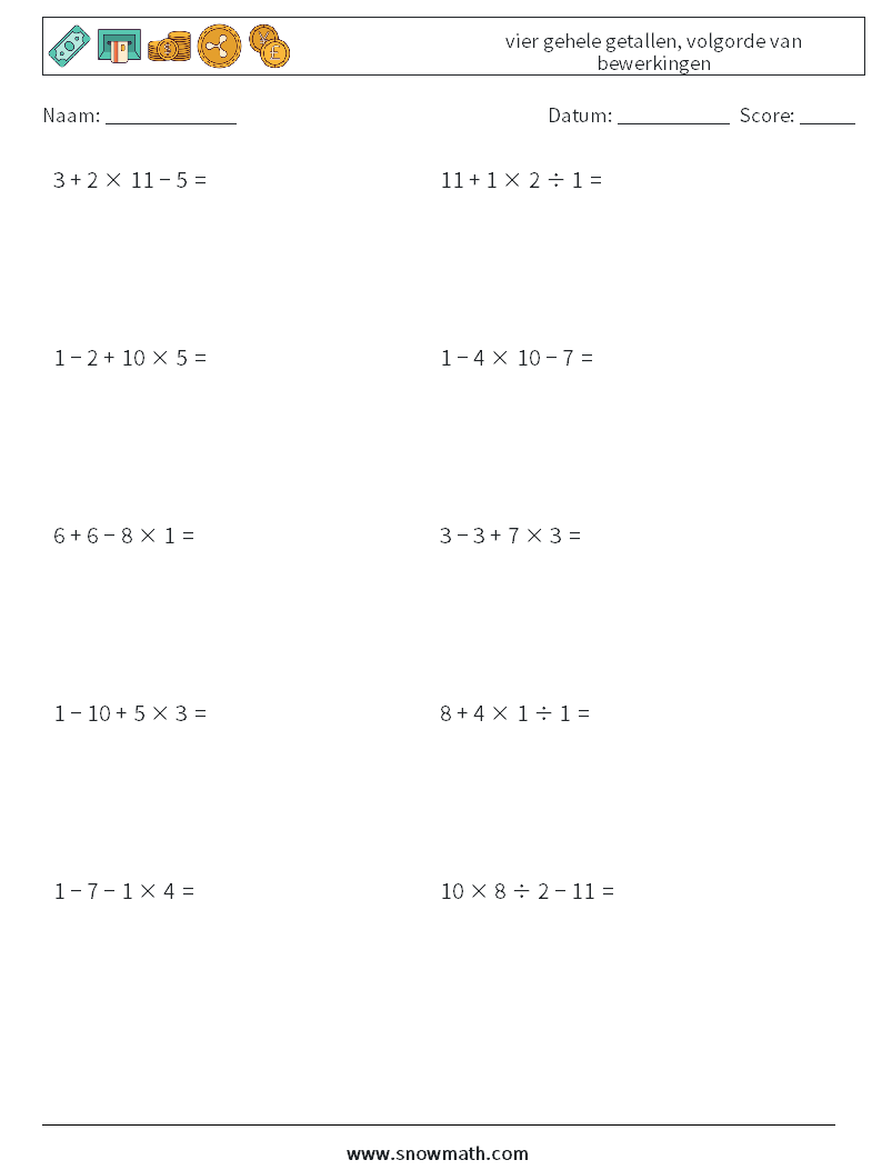 (10) vier gehele getallen, volgorde van bewerkingen Wiskundige werkbladen 7