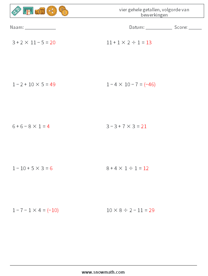 (10) vier gehele getallen, volgorde van bewerkingen Wiskundige werkbladen 7 Vraag, Antwoord
