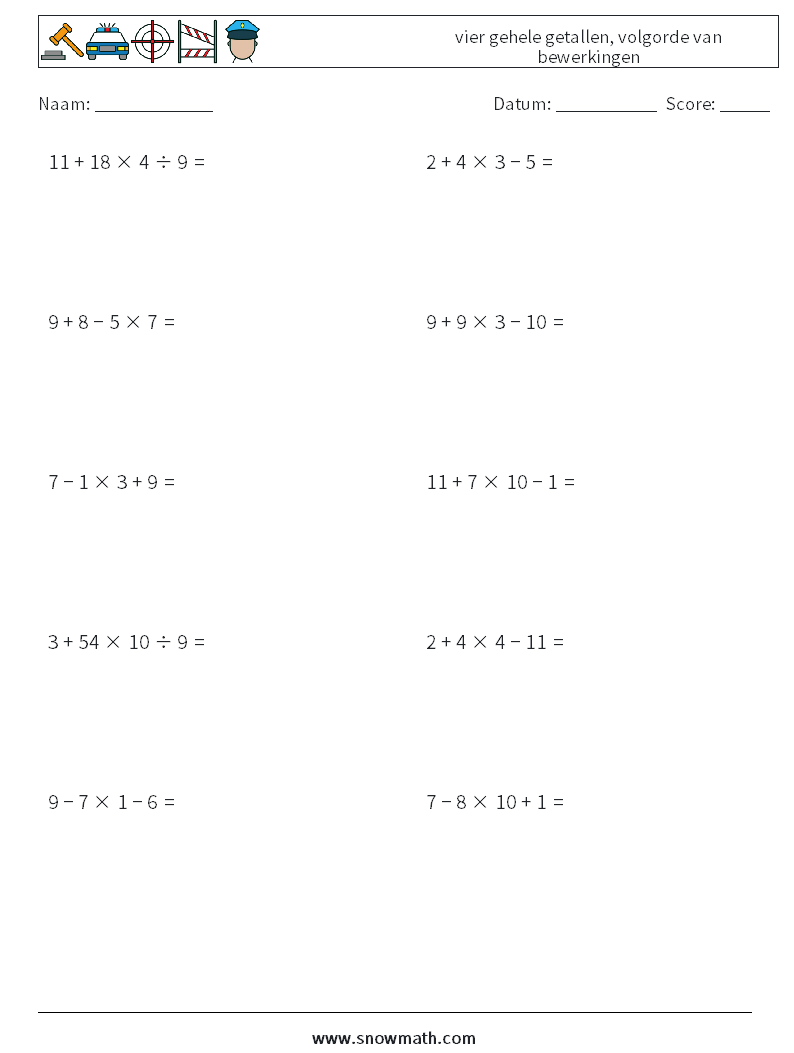 (10) vier gehele getallen, volgorde van bewerkingen Wiskundige werkbladen 8