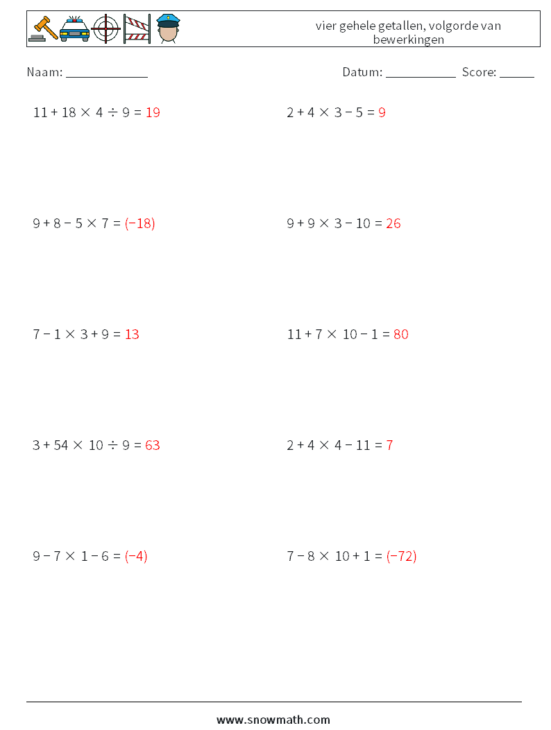 (10) vier gehele getallen, volgorde van bewerkingen Wiskundige werkbladen 8 Vraag, Antwoord
