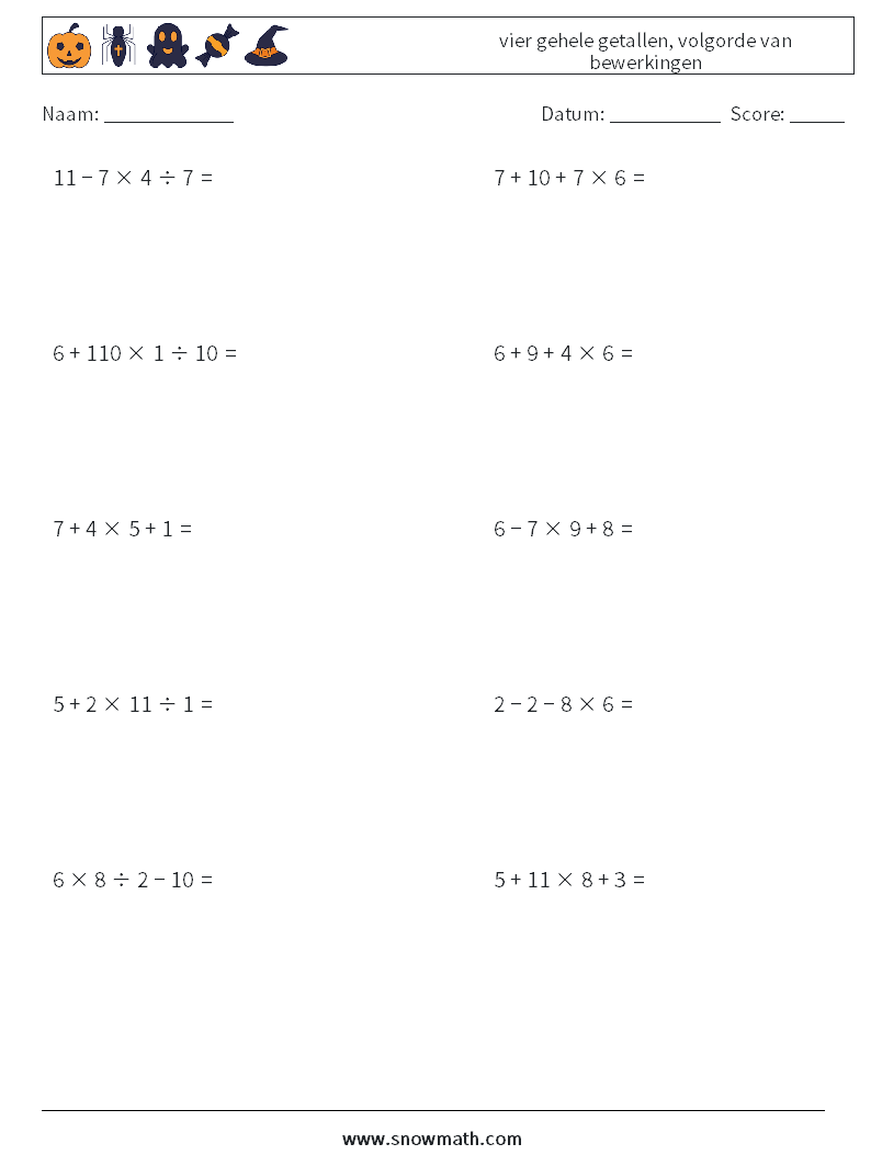 (10) vier gehele getallen, volgorde van bewerkingen Wiskundige werkbladen 9