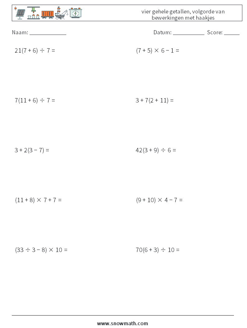 (10) vier gehele getallen, volgorde van bewerkingen met haakjes Wiskundige werkbladen 10