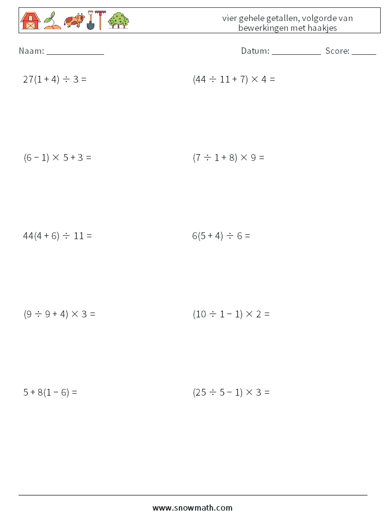 (10) vier gehele getallen, volgorde van bewerkingen met haakjes Wiskundige werkbladen 11