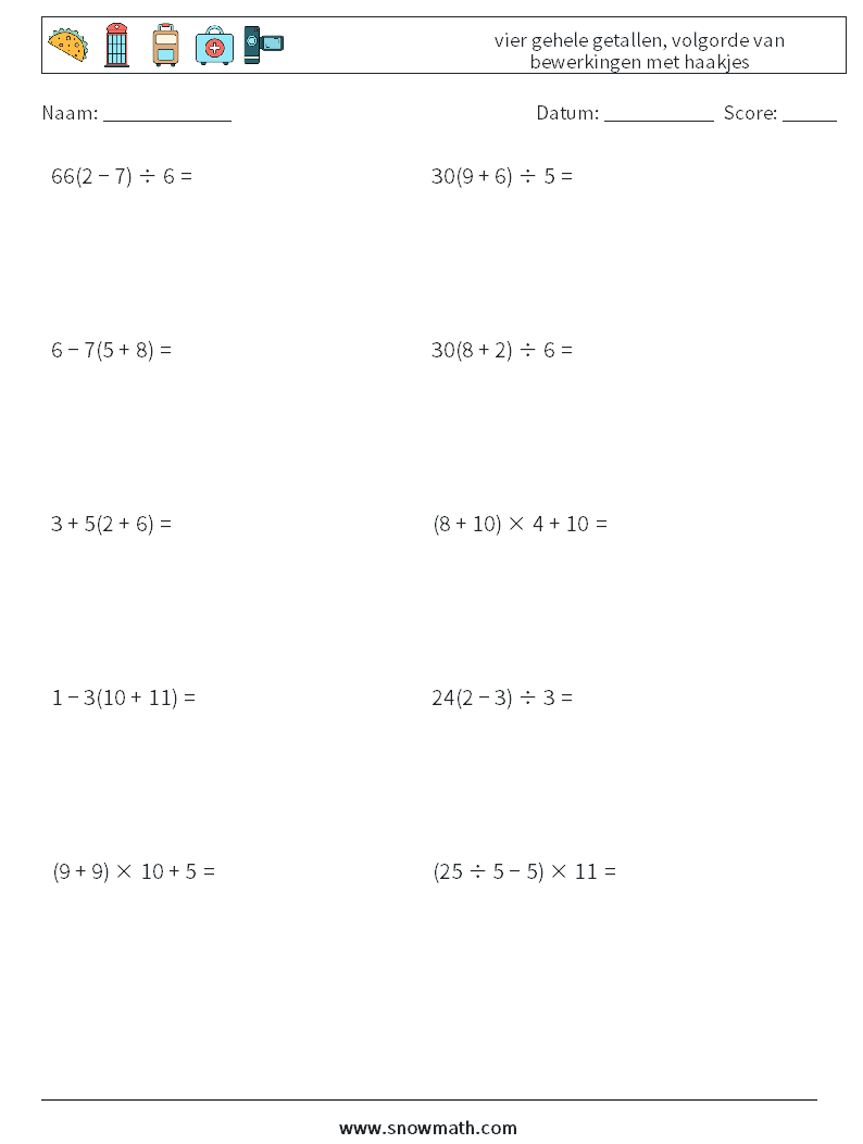 (10) vier gehele getallen, volgorde van bewerkingen met haakjes Wiskundige werkbladen 17