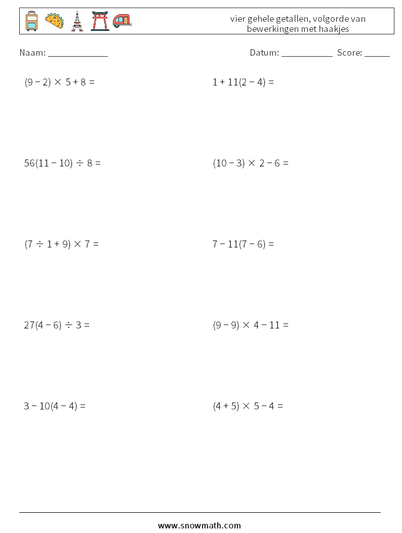 (10) vier gehele getallen, volgorde van bewerkingen met haakjes Wiskundige werkbladen 6