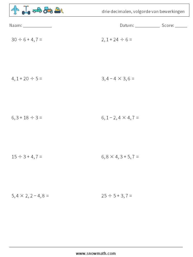 (10) drie decimalen, volgorde van bewerkingen Wiskundige werkbladen 2