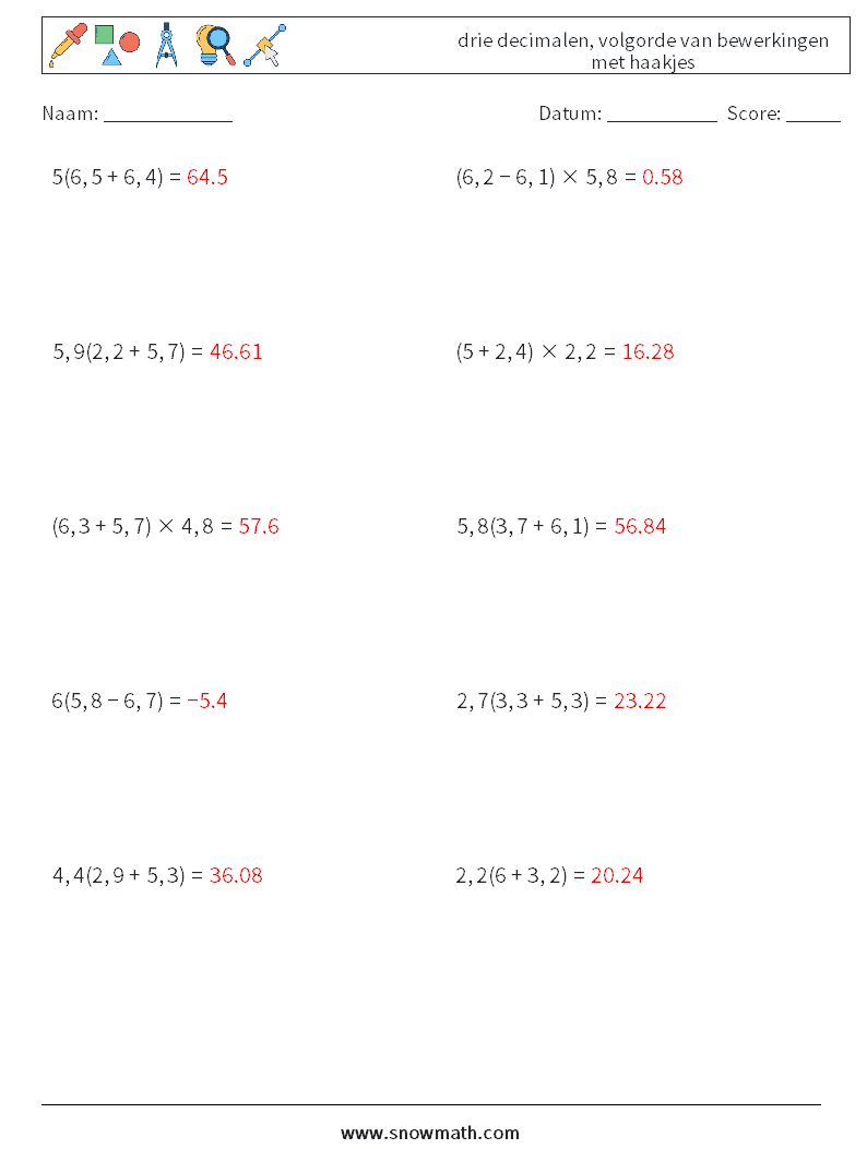 (10) drie decimalen, volgorde van bewerkingen met haakjes Wiskundige werkbladen 2 Vraag, Antwoord