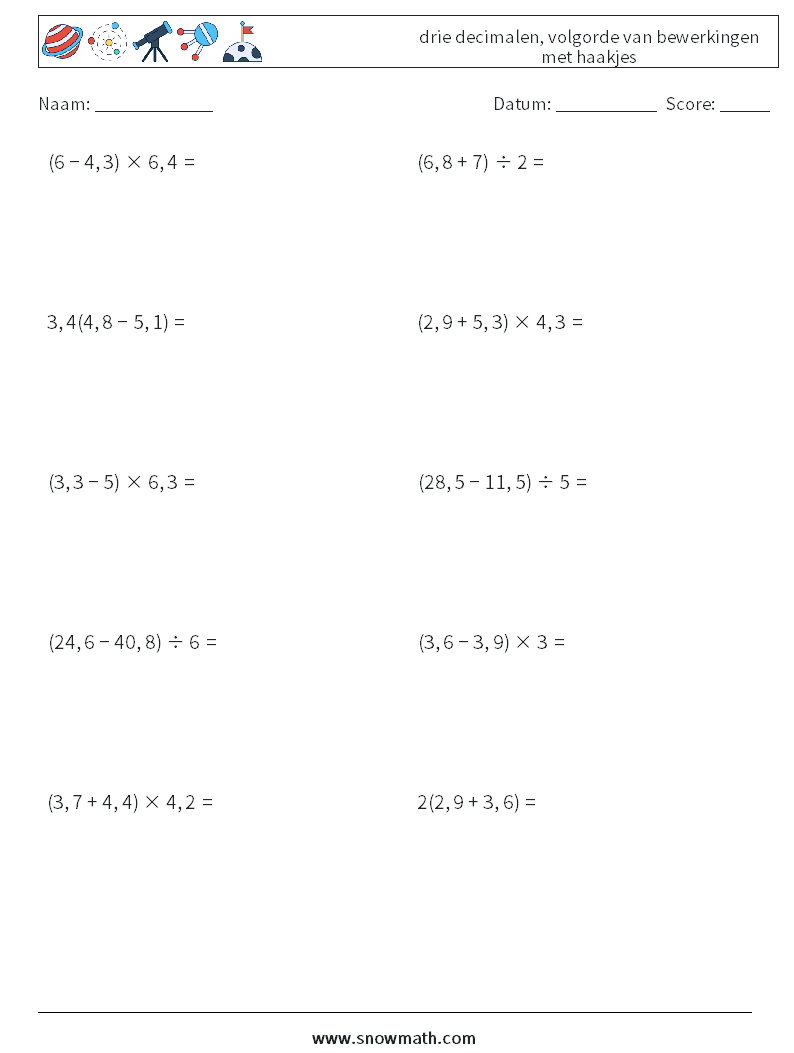 (10) drie decimalen, volgorde van bewerkingen met haakjes Wiskundige werkbladen 3
