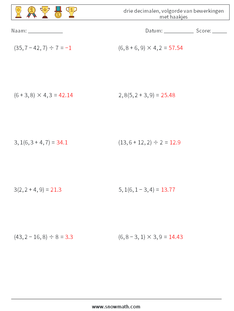 (10) drie decimalen, volgorde van bewerkingen met haakjes Wiskundige werkbladen 4 Vraag, Antwoord