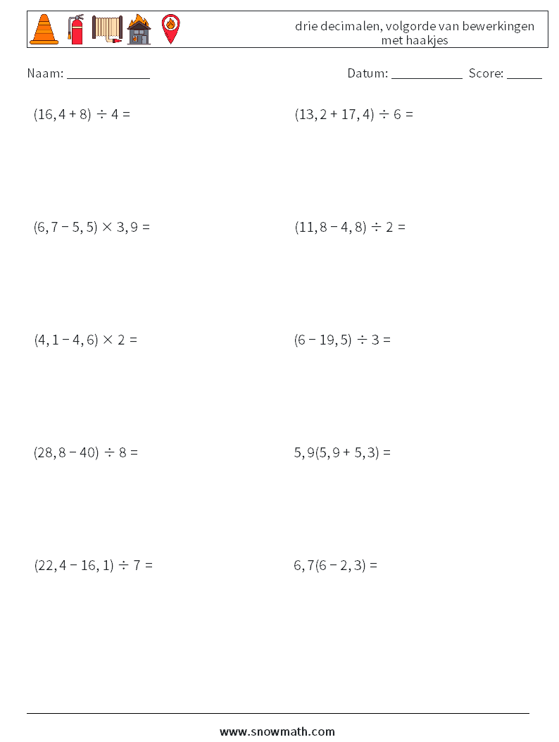 (10) drie decimalen, volgorde van bewerkingen met haakjes Wiskundige werkbladen 7