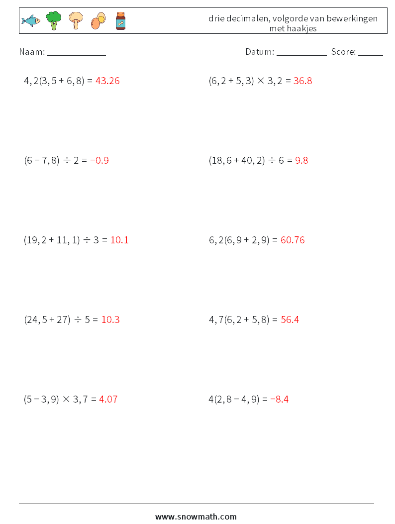 (10) drie decimalen, volgorde van bewerkingen met haakjes Wiskundige werkbladen 8 Vraag, Antwoord