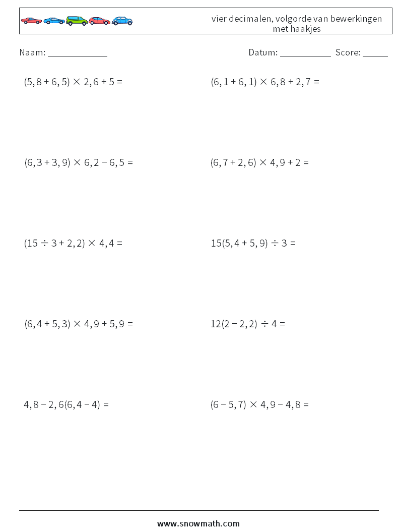 (10) vier decimalen, volgorde van bewerkingen met haakjes Wiskundige werkbladen 10