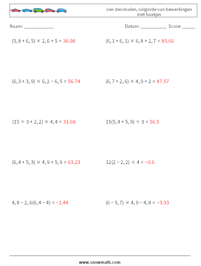 (10) vier decimalen, volgorde van bewerkingen met haakjes Wiskundige werkbladen 10 Vraag, Antwoord