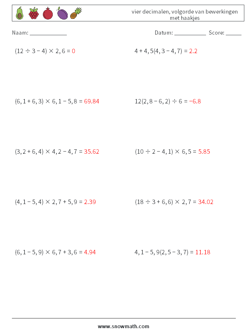 (10) vier decimalen, volgorde van bewerkingen met haakjes Wiskundige werkbladen 1 Vraag, Antwoord
