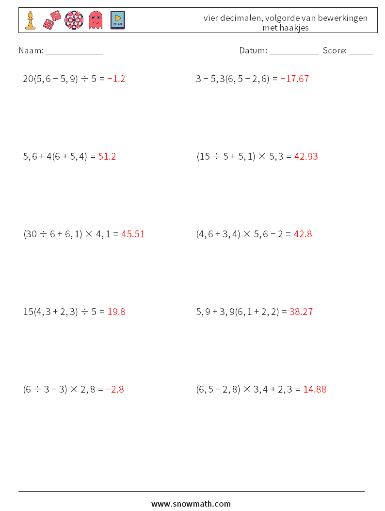 (10) vier decimalen, volgorde van bewerkingen met haakjes Wiskundige werkbladen 3 Vraag, Antwoord